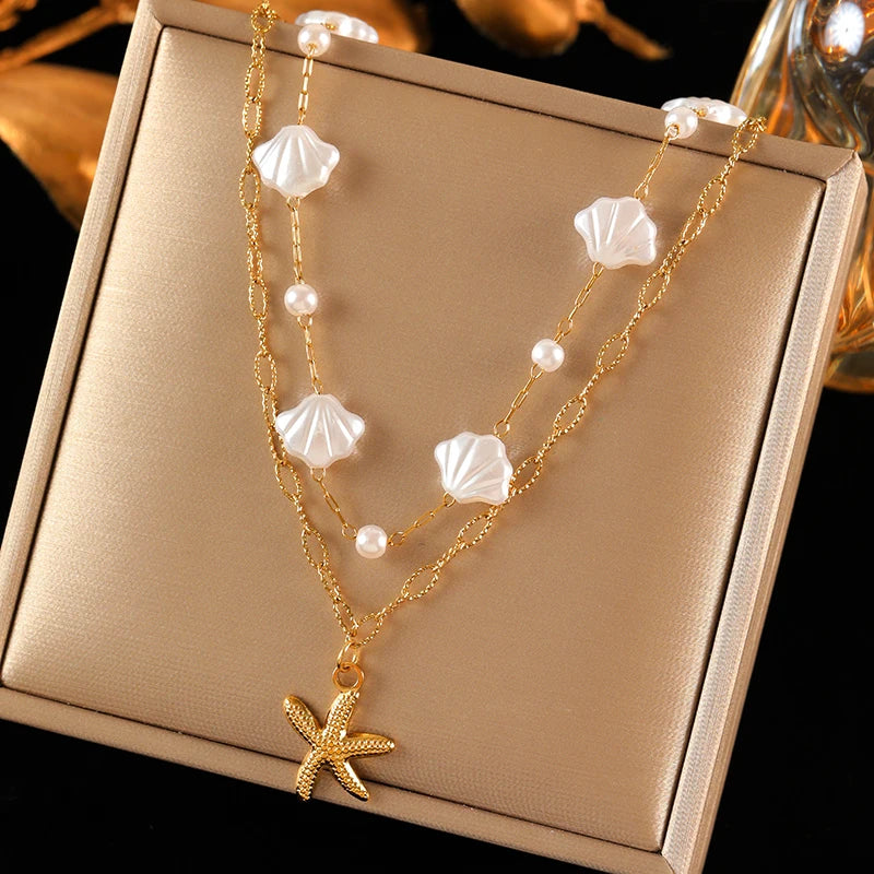 316L Stainless Steel Double Chain Starfish Shell Pendant Necklace 18K