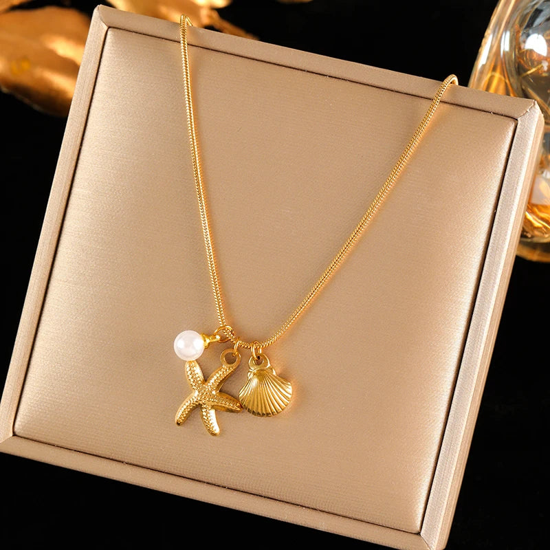 316L Stainless Steel Double Chain Starfish Shell Pendant Necklace 18K