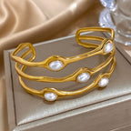 Layered Pearl Stainless Steel Open Cuff Bangle Bracelet Gold Silver