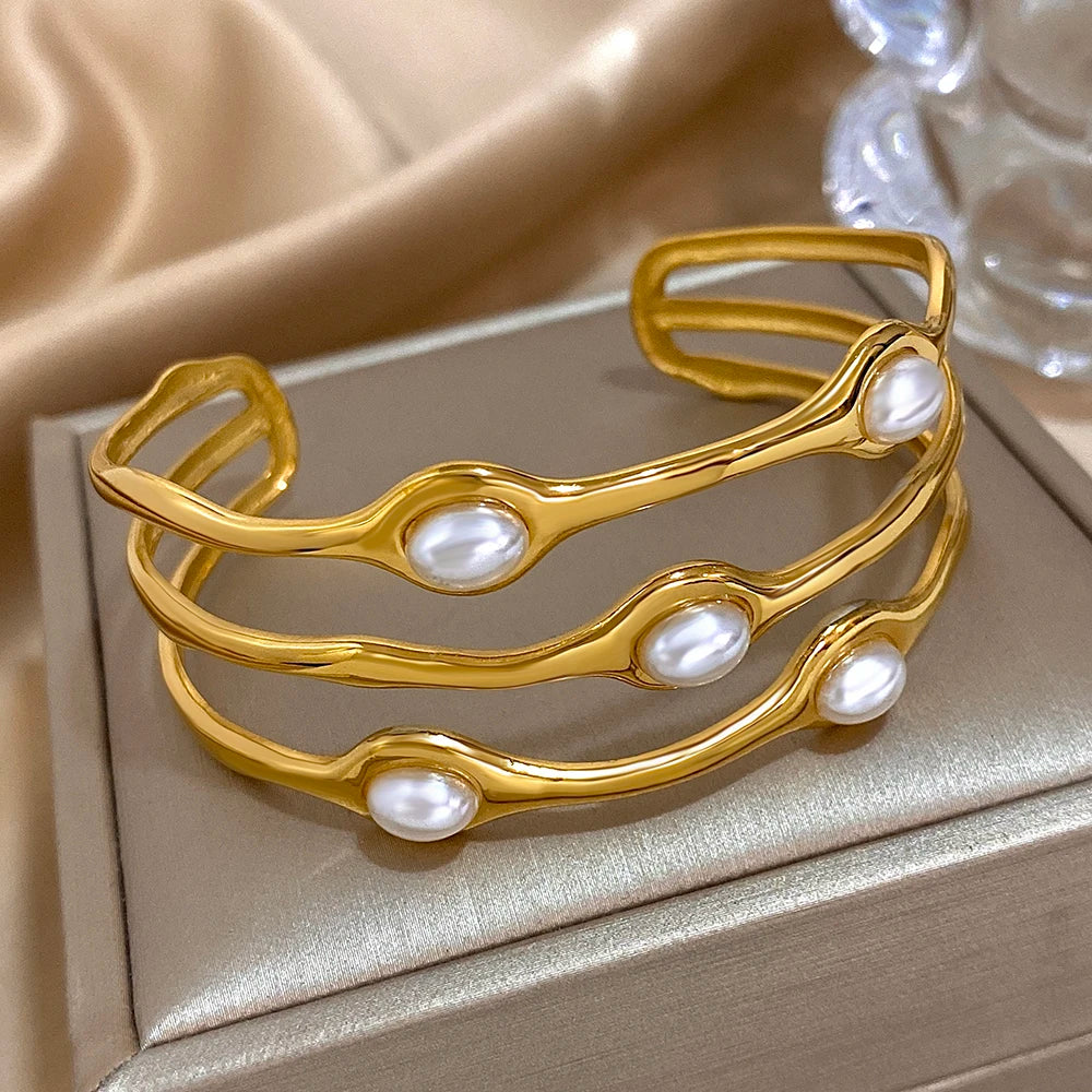 Layered Pearl Stainless Steel Open Cuff Bangle Bracelet Gold Silver