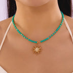 Sun Star Pendant Necklace with Zircon Crystal and Colorful Beads
