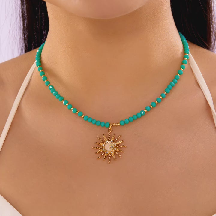 Sun Star Pendant Necklace with Zircon Crystal and Colorful Beads