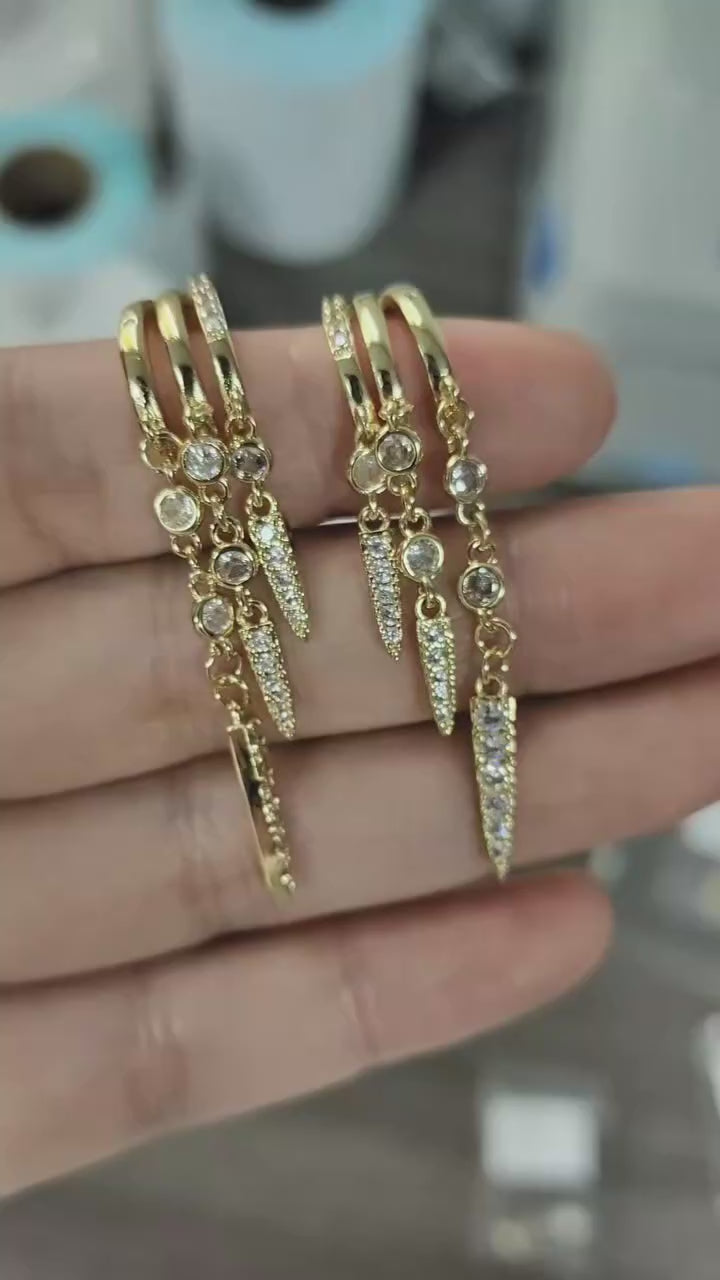 14k Gold Plated Triple Huggie Stud Earrings Dangle Chain CZ