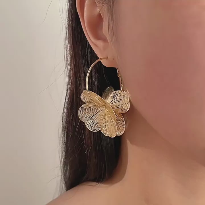 Double-Layer Hollow Flower Hoop Earrings for Women Stainless Steel Gold