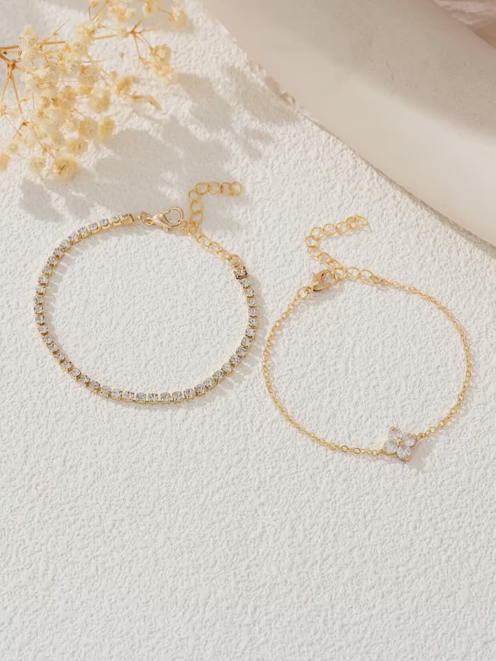 Simple Cubic Zirconia Flower Chain Women's Bracelet 2pc Set