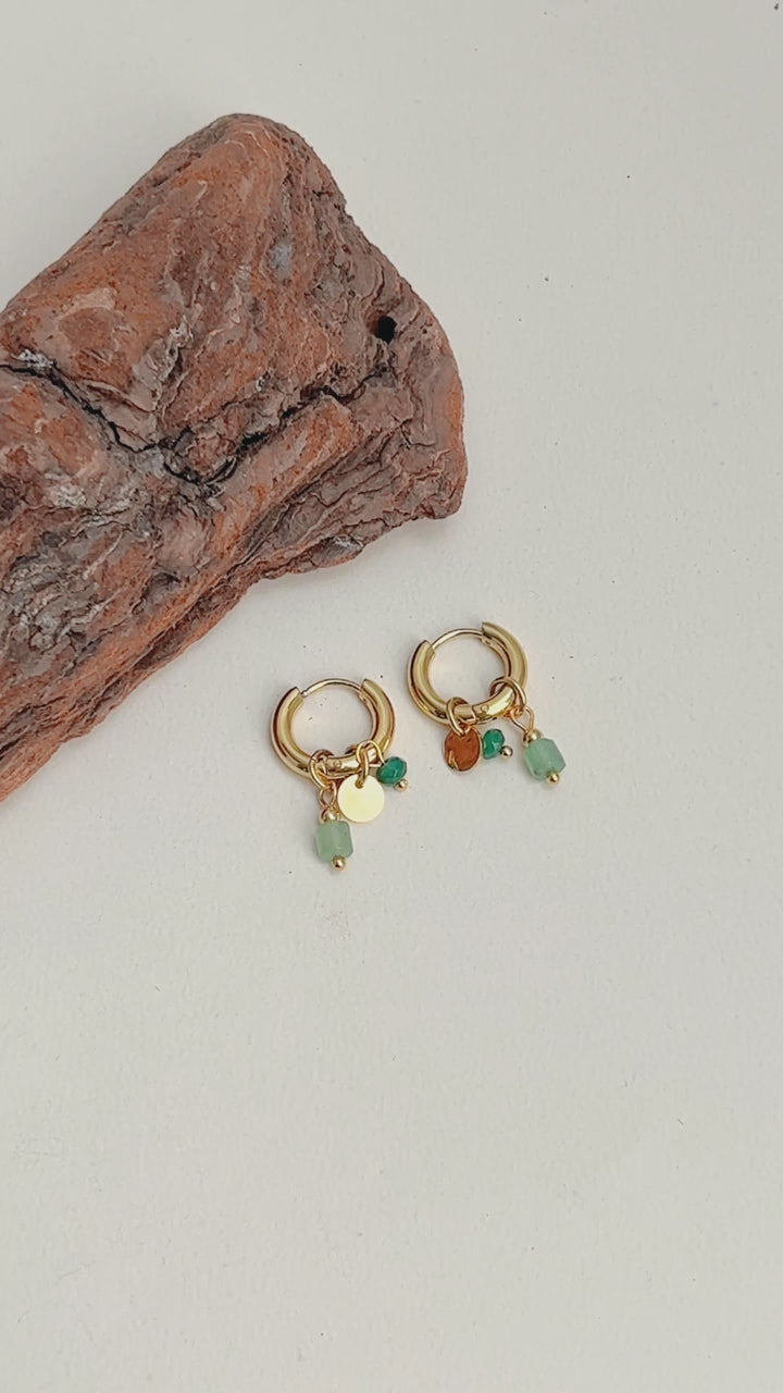 18K Gold Plated Women's Stainless Steel Hoop Earrings Green Stone